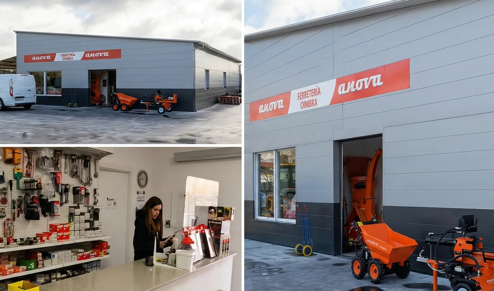 Collage de la tienda: vista exterior con maquinaria Anova, interior con mostrador y empleada atendiendo a clientes